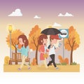 Young people with umbrella walking in the park characters