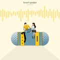 Young people use speaker recognition, voice control, virtual assistant, identification, hotline operator. Vector illustration conc Royalty Free Stock Photo