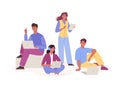 Young people using laptop for work or study. Female and male characters in difference pose. Coworking, teamwork, freelance, online Royalty Free Stock Photo