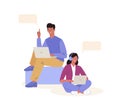 Young people using laptop for work or study. Female and male characters sitting in difference pose. Concept of online education, Royalty Free Stock Photo