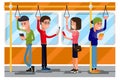 Young people using smartphone socializing in public transport. Vector concept background Royalty Free Stock Photo