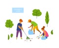 Young people volunteers cleaning up the park isolated vector graphic