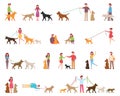 Young people are walking dogs. Variety of rocks. The dog is next to its owner on a leash. Vector illustration in a flat