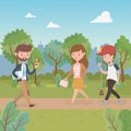 Young people walking in the park characters