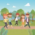 Young people walking in the park characters