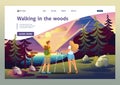 Young people walking in the woods, doing Nordic walking camping. Flat 2D character. Landing page concepts and web design