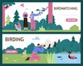 Young people watching birds, web banners set - flat vector illustration.