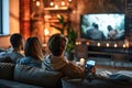 Young people watching movies on TV sitting on sofa in living room. Back view