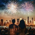 Young people watching the 4th of July fireworks with New York City in the background. Royalty Free Stock Photo