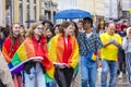 Young people wearing rainbow flags attending the Gay Pride parade also known as Christopher Street Day CSD in Munich, Germany.