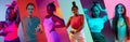 Collage of cropped portraits of six young people, man and women isolated over multicolored neon backgrounds Royalty Free Stock Photo