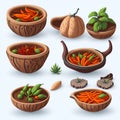 Young pepper, bell pepper, chili, bitter, curry paste, spices, curry in wooden cup