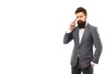 Young perfectionist. man speak on phone. business communication. Agile business. mature man. success deal. Business talk Royalty Free Stock Photo