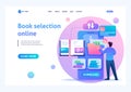 Young person chooses a book online using a mobile app. Flat 2D character. Landing page concepts and web design Royalty Free Stock Photo