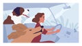 Young person driving car with happy dogs. Concept of pet taxi service. Side view of woman driver traveling with animals. Colored