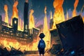 A young person holds a blazing torch amidst a bizarre metropolis, where buildings appear to be upside down