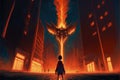 A young person holds a blazing torch amidst a bizarre metropolis, where buildings appear to be upside down