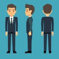 Young person man in three points of view in business, office clothes vector set.