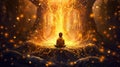 Young person meditating at in a magical forest filled with powerful energy, golden light, and sparkles. Generative AI