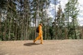 Person walks in the mountain forest Royalty Free Stock Photo