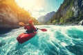 Young person rafting on the river in the mountains. Whitewater kayaking in summer season. Extreme and fun sport at tourist Royalty Free Stock Photo