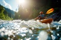 Young person rafting on the river in the mountains. Whitewater kayaking in summer season. Extreme and fun sport at tourist
