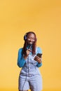Young person singing songs on microphone Royalty Free Stock Photo