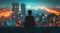 A young person sitting on a rooftop looking out at the city lights and feeling small and insignificant in the vastness Royalty Free Stock Photo