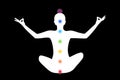 Young person sitting in yoga meditation lotus position silhouette with colorful chakra points