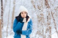 Woman Freezing Outdoors in Cold Winter Weather