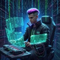 Cyberpunk hacker coding on multiple screens. Royalty Free Stock Photo