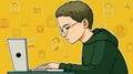 Young Person Using Laptop with Illustrative Background of Various Portraits and Artworks Royalty Free Stock Photo