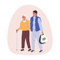 Young person volunteer helping senior old woman, carrying her shopping bags with groceries. Charitable care for elderly Royalty Free Stock Photo