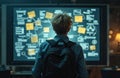 Young person wearing backpack stares at complex digital mind map. Visualizing data connections, planning project strategy, Royalty Free Stock Photo