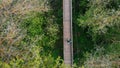 Young person in yellow hat walking on the rope bridge in the forest