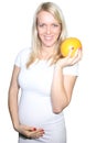 Young Petty Natual Beauty Pregnant Woman Holding Grapefruit and Shows a Belly That Begins to Grow Isolated on White Background. 20