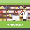 Young pharmacy chemist man standing in drugstore. Vector flat illustrations.