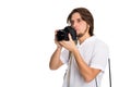 Young photographer with camera in beach suit Royalty Free Stock Photo