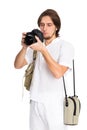 Young photographer with camera in beach suit Royalty Free Stock Photo