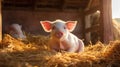 Young piglet on hay and straw at pig breeding farm. Generative AI Royalty Free Stock Photo