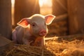 Young piglet on hay and straw at pig breeding farm. Generative AI Royalty Free Stock Photo