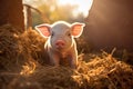 Young piglet on hay and straw at pig breeding farm. Generative AI Royalty Free Stock Photo