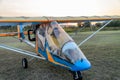 ROMA, ITALY - AUGUST 2018: A young pilot at the helm of a light aircraft glider