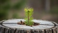 Young pine sapling growing from tree stump in forest renewal scene Royalty Free Stock Photo