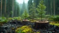 Young Pine Tree Growing on Tree Stump in Blurred Background. Generative AI Royalty Free Stock Photo