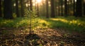 Young Pine Tree Sapling in Forest Sunlight Royalty Free Stock Photo