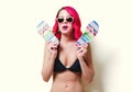 Young pink hair girl in bikini and orange glasses Royalty Free Stock Photo