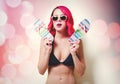 Young pink hair girl in bikini and orange glasses Royalty Free Stock Photo