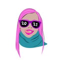 Young pink hair girl wrapped in a scarf wearing sunglasses in a bright frame with the inscription 2021 vector.