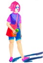Young pink haired girl with eco shopper and paper cup. Raster hand drawn illustration made with felt-tip pen. Image is good for